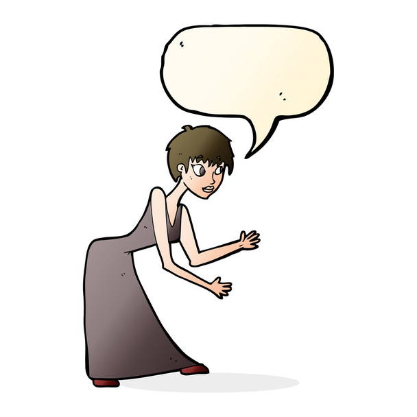cartoon woman in dress gesturing with speech bubble - Vector, imagen
