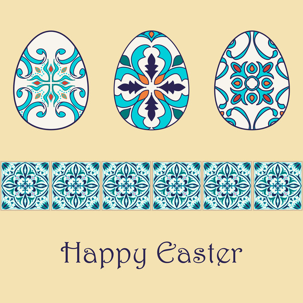 Set of vector isolated easter eggs with beautiful azulejos ornaments. Happy Easter background with decorative border - Vektor, obrázek