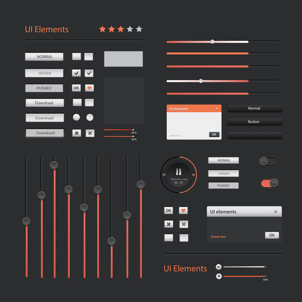 User interface elements: Buttons, Switchers, On, Off, Player, Audio, Video. Vector buttons, forms, windows and other interface elements. Isolated on dark background. - Vector, imagen