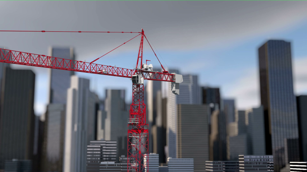 Bina vinç animasyon, şehir arka plan, gökdelen manzaralı. Metal konstrüksiyon - Video, Çekim