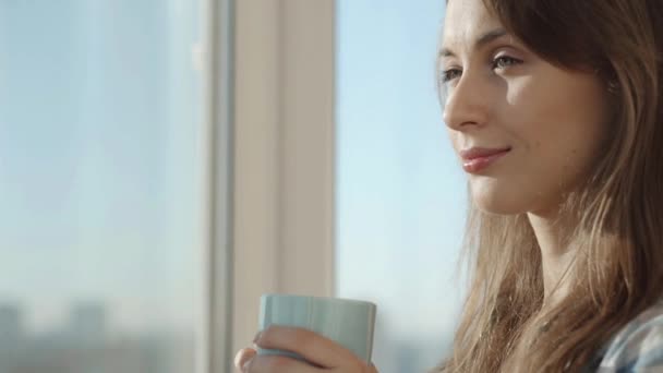 woman drinking coffee by the window - Filmati, video