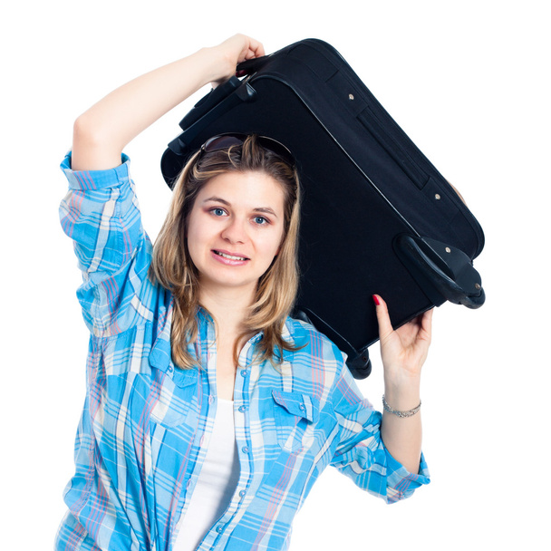 Mujer viajera nerviosa con equipaje
 - Foto, imagen