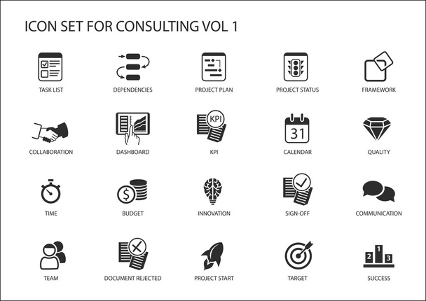 Vector icon set voor raadpleging van het onderwerp. Verschillende symbolen voor strategie consulting, It consulting, business consulting en managementconsulting - Vector, afbeelding