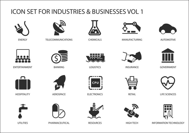 Εικόνες επιχειρήσεων και σύμβολα διαφόρων βιομηχανιών / επιχειρηματικών τομέων όπως η βιομηχανία των χρηματοπιστωτικών υπηρεσιών, αυτοκινητοβιομηχανία, βιοεπιστήμες, πόροι βιομηχανία, βιομηχανία του θεάματος και υψηλής τεχνολογίας - Διάνυσμα, εικόνα