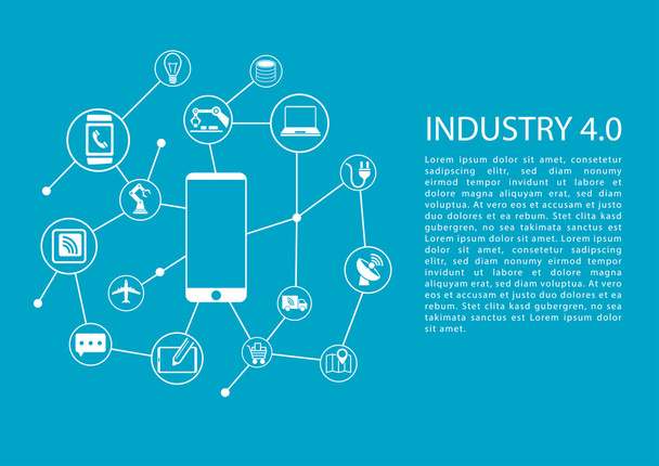 Indústria 4.0 / conceito industrial de internet das coisas com telefone celular conectado à rede de dispositivos. Modelo de vetor com texto
. - Vetor, Imagem