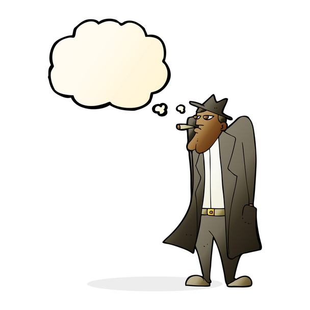 cartoon man in hat and trench coat with thought bubble - Vector, Image