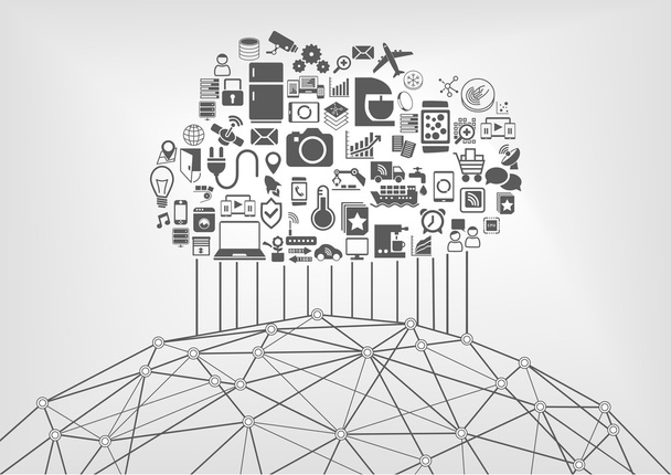 Internet das coisas (IOT) e conceito de computação em nuvem para dispositivos conectados na web mundial. Ilustração vetorial com ícones
 - Vetor, Imagem