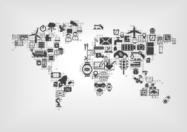 Internet das coisas (IOT) e conceito de conectividade global. Mapa do mundo de dispositivos inteligentes conectados usando design plano
 - Vetor, Imagem