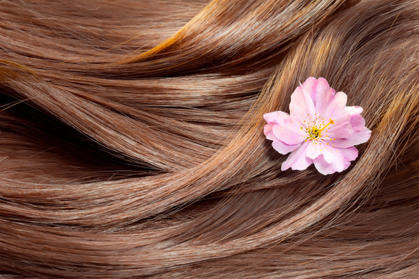 Hermosa textura de pelo brillante saludable con una flor, cuidado del cabello co
 - Foto, Imagen