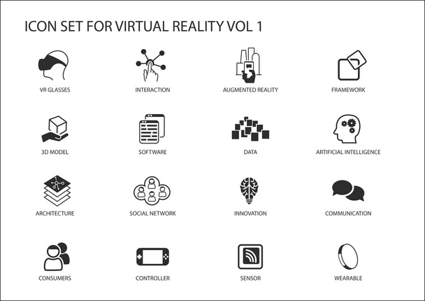 Conjunto de ícones vetoriais Realidade Virtual (VR). Vários símbolos em design plano como óculos de realidade virtual, realidade aumentada, sensor, interação, modelo 3d
 - Vetor, Imagem