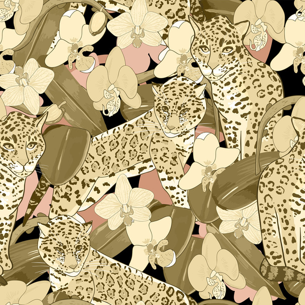Seamless pattern of orchid flowers and jaguar - Vektor, Bild