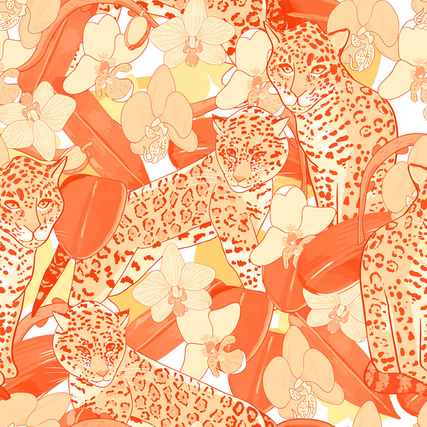 Seamless pattern of orchid flowers and jaguar - Διάνυσμα, εικόνα