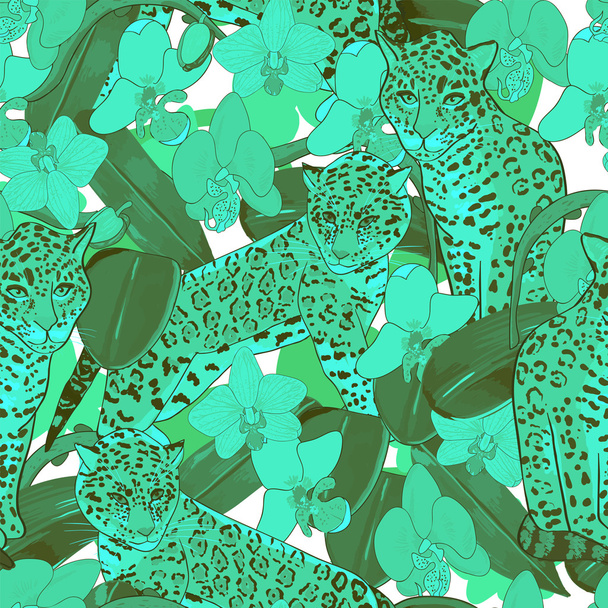 Seamless pattern of orchid flowers and jaguar - Wektor, obraz