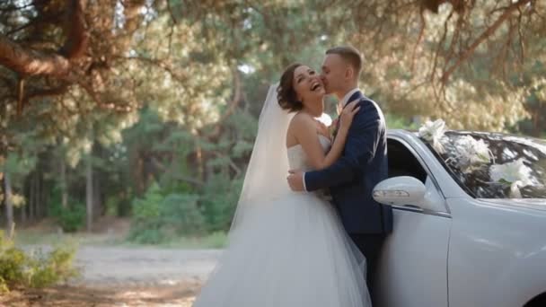 Bride and groom pose near the car in pine wood - Footage, Video