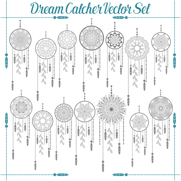 Dream catcher dreamcatcher aztec feather tribal vector patterned set with decoration. Native american illustration - Вектор,изображение