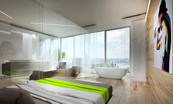 Wnetrze łóżko pokojowe apartamenty w stylu minimalizmu - Zdjęcie, obraz