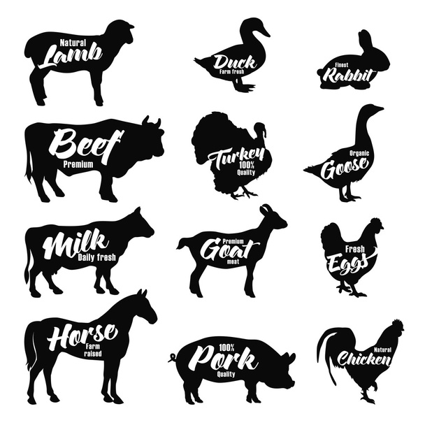 Farm animals icon set. Butchery logo and label collection. - Vector, afbeelding