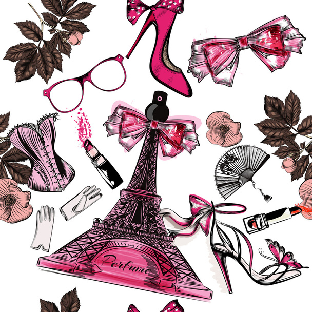 Vector seamless fashion background with perfume Eifel tower shoe - Вектор,изображение