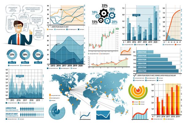 Бизнес-инфографические элементы оформлены в плоском стиле для презентации. векторная иллюстрация
 - Вектор,изображение