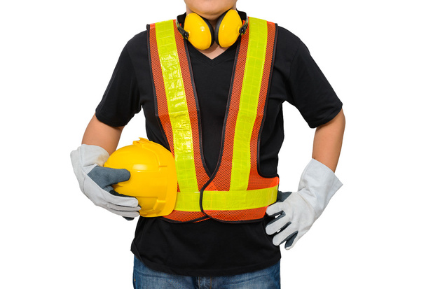 mężczyzna robotnik z Standard budowy bezpieczeństwa wyposażenia - Zdjęcie, obraz