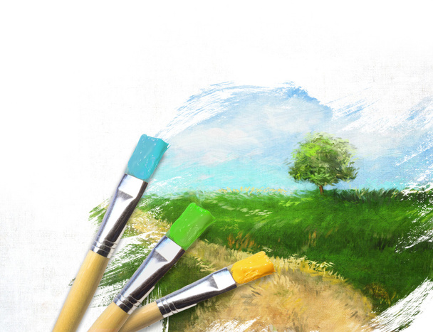 Pinceles de artista con un lienzo de paisaje pintado medio acabado
 - Foto, Imagen