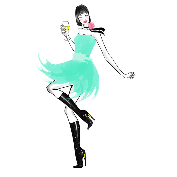 手描き水彩ファッション イラスト - シャンパン グラスを持つ少女 - 写真・画像