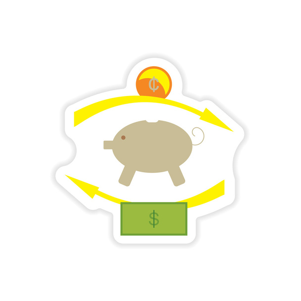 stylish sticker on paper piggy bank and money - Vector, Image