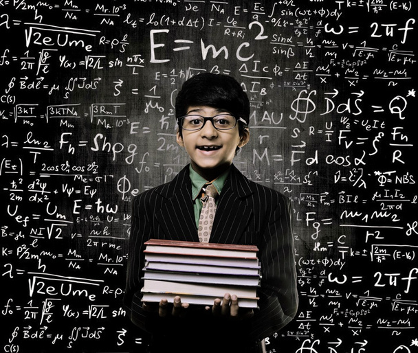 Genius Little Boy Holding Book Wearing Glasses Chalkboard - Φωτογραφία, εικόνα