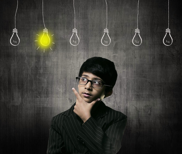  Genius Little Boy Wearing Glasses, Bulbs Of Ideas Are Hanging - Photo, Image