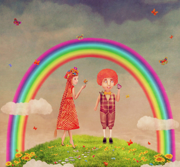 Garçon et fille sous l'arc-en-ciel sur une clairière, illustration art
  - Photo, image