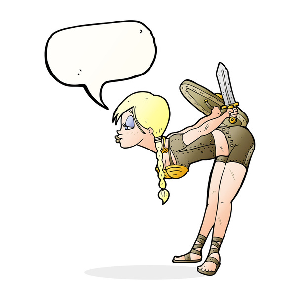 cartoon viking girl bowing with speech bubble - Vector, Image