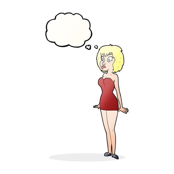 desenho animado mulher surpreso em vestido curto com bolha de pensamento
 - Vetor, Imagem