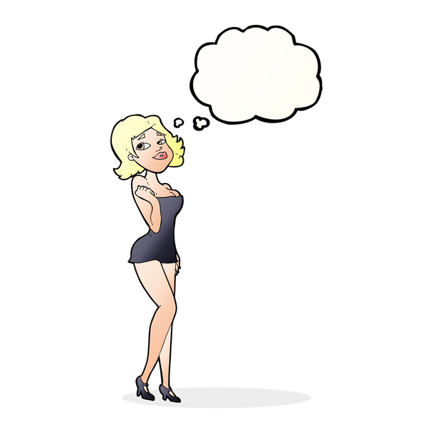 desenho animado mulher atraente em vestido curto com bolha de pensamento
 - Vetor, Imagem