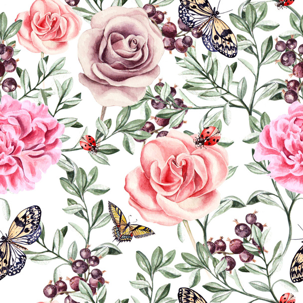 Pattern with watercolor realistic rose, peonies, butterflies and plants. - Photo, Image