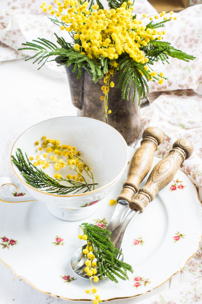 Table setting with mimosa flowers - Photo, Image
