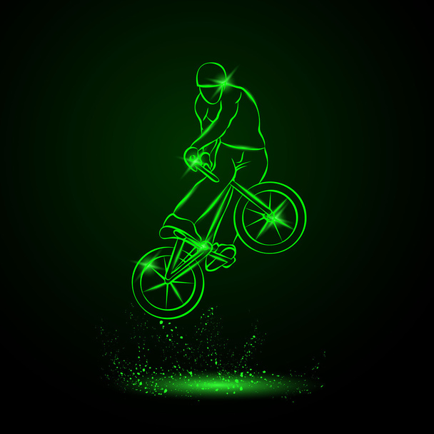 Trick on the BMX bike. Vector neon illustration. - Vector, Image