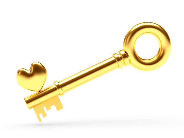 Gouden sleutel uit het hart geïsoleerd op witte achtergrond - Foto, afbeelding
