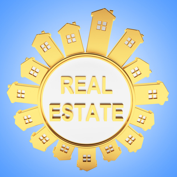 Real estate koncept. Abstraktní zlaté domy na modrém pozadí - Fotografie, Obrázek