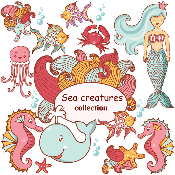 Beautiful sea collection of sea animals - Wektor, obraz