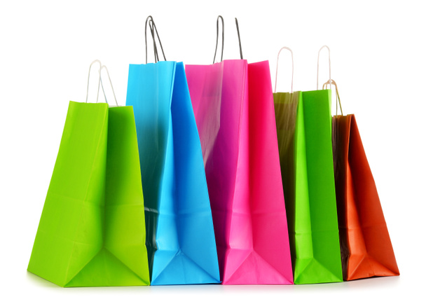 Colorful paper shopping bags isolated on white - Fotoğraf, Görsel