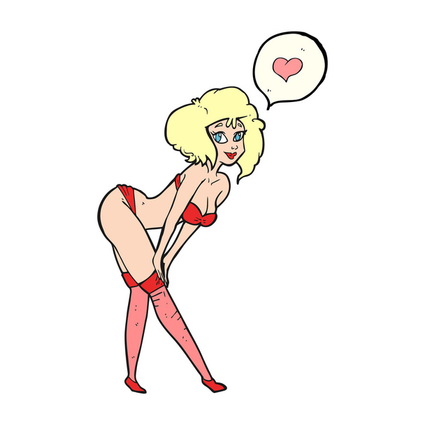 speech bubble cartoon pin up girl putting on stockings - Vektori, kuva