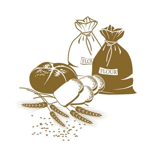 Pão de ilustração, espigas de trigo e sacos de farinha
 - Vetor, Imagem