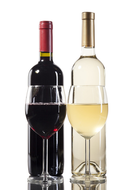 Red and white wine bottles with glasses - Photo, image