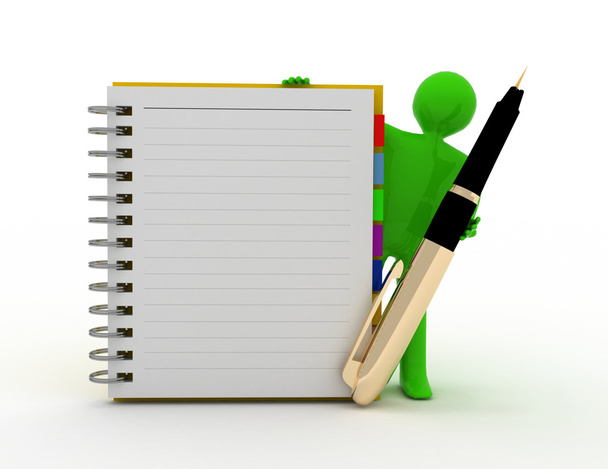 3d white person with blank spiral notepad and a pen - Photo, Image