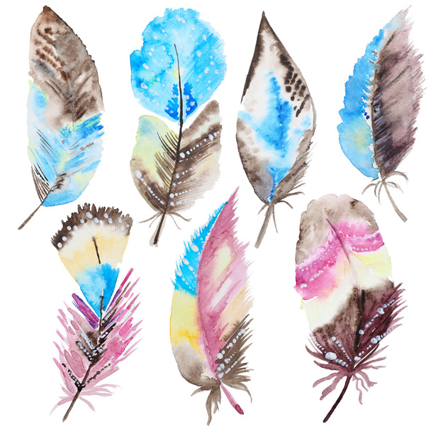 Set of watercolor feathers - Фото, изображение
