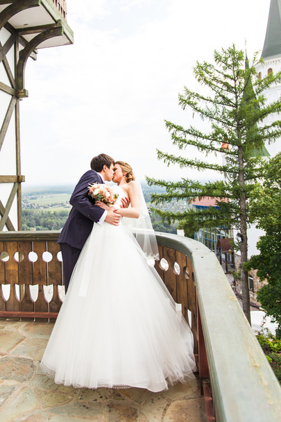 Elegant gorgeous happy  bride and groom standing on the balcony - Photo, Image