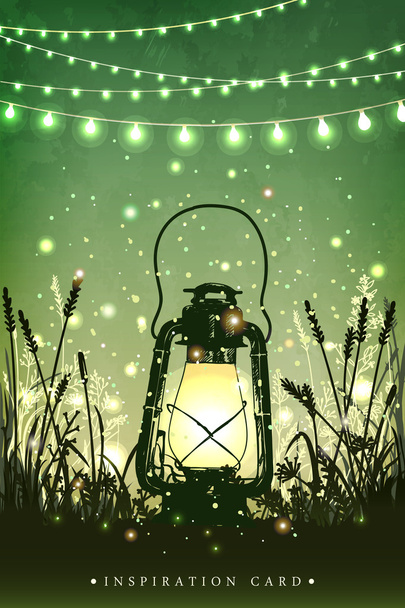 erstaunliche Vintage-Laterne auf Gras mit magischen Lichtern von Glühwürmchen am Nachthimmel Hintergrund. ungewöhnliche Vektorillustration. Inspirationskarte für Hochzeit, Datum, Geburtstag, Tee oder Gartenparty  - Vektor, Bild