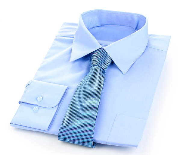New blue man's shirt and tie isolated on white - 写真・画像