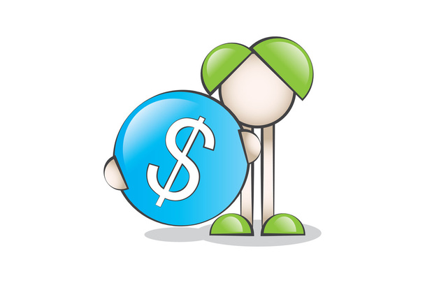 Símbolo do dólar azul grande e caráter dos desenhos animados
 - Vetor, Imagem
