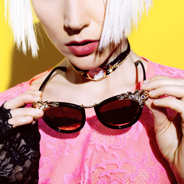 Blonde and fashion accessories. Sunglasses, necklace, glamorous  - Fotoğraf, Görsel